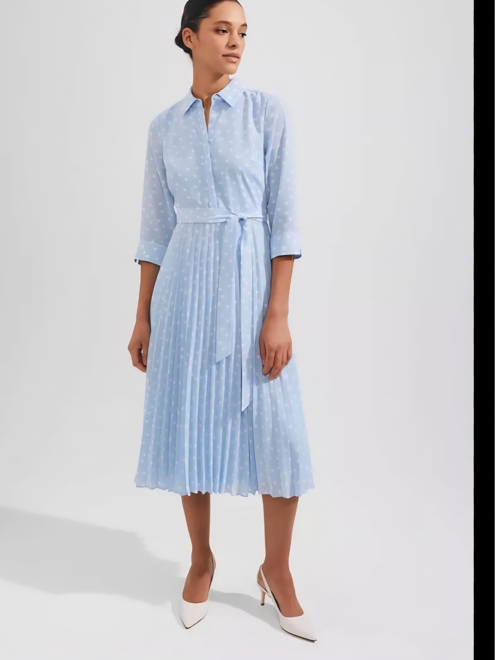 HOBBS Light Blue Polka Dot Pleated Shirt Dress